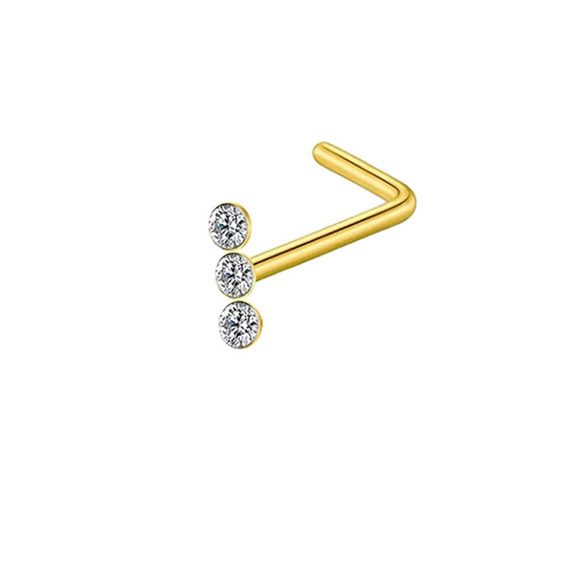 Vertical Three Round Zircon L Shape Nose Stud